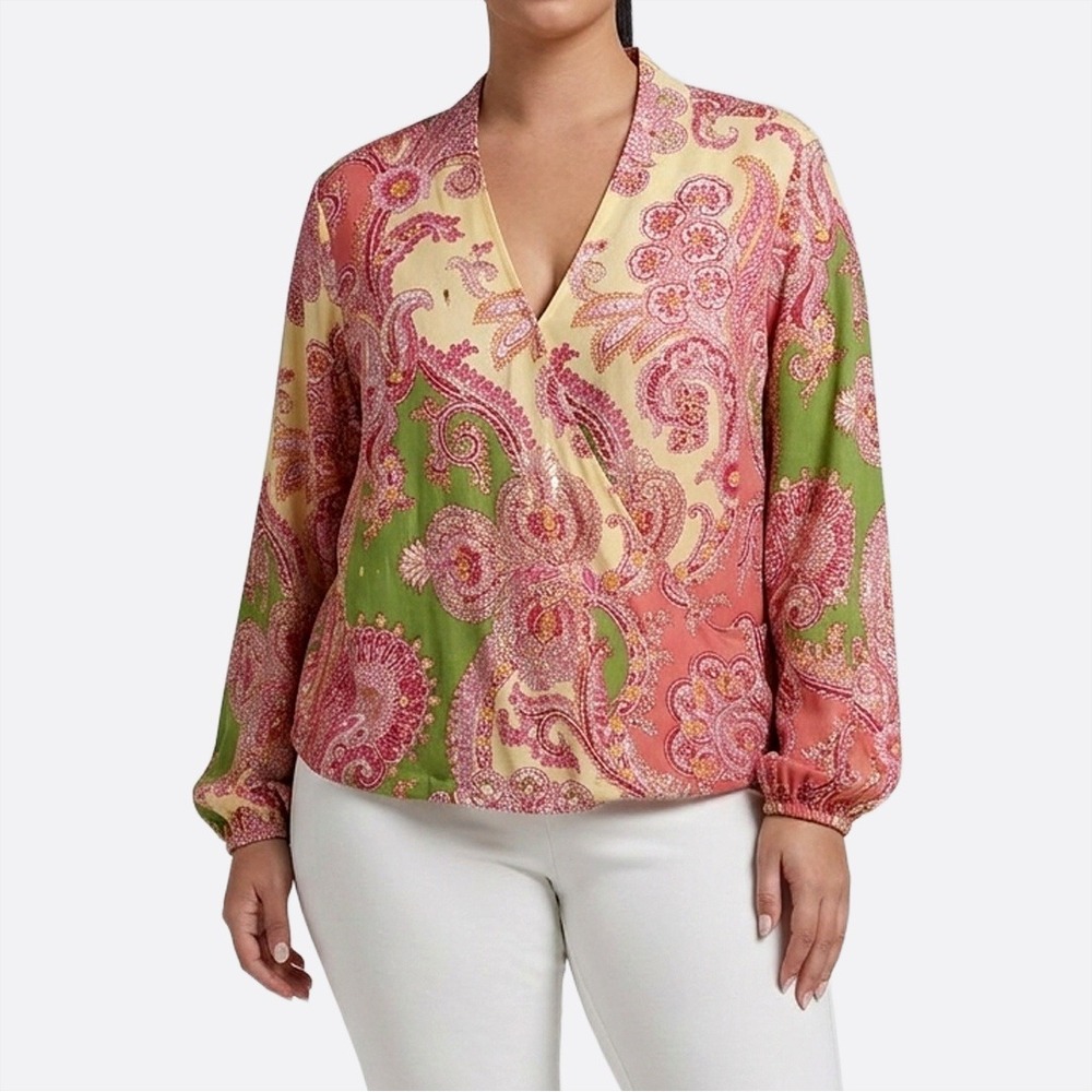 FatFace Paisley‎ Gold Foil Boho Wrap Blouse L 0X Cottagecore Coastal Retro